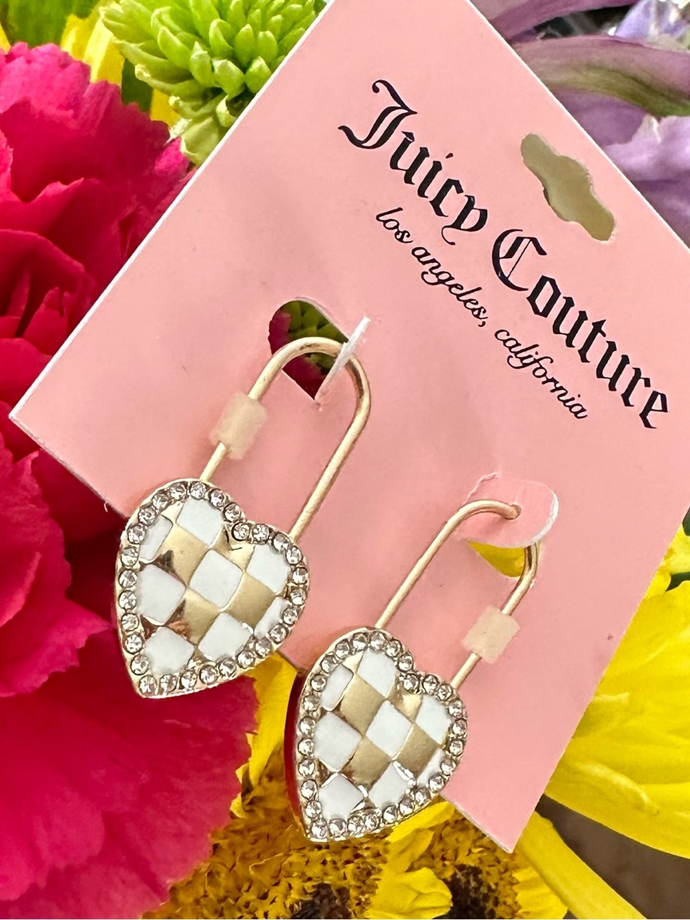 New! Juicy Couture Gold & White Enamel Checkered Heart Crystal Pavé Earrings